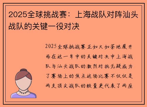 2025全球挑战赛：上海战队对阵汕头战队的关键一役对决